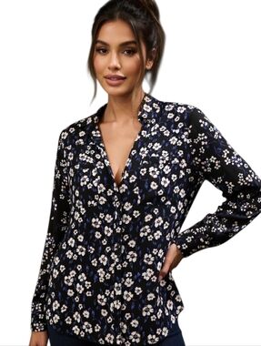 Express Floral Button-Front Blouse - Black and Blue (SIZE: SMALL)